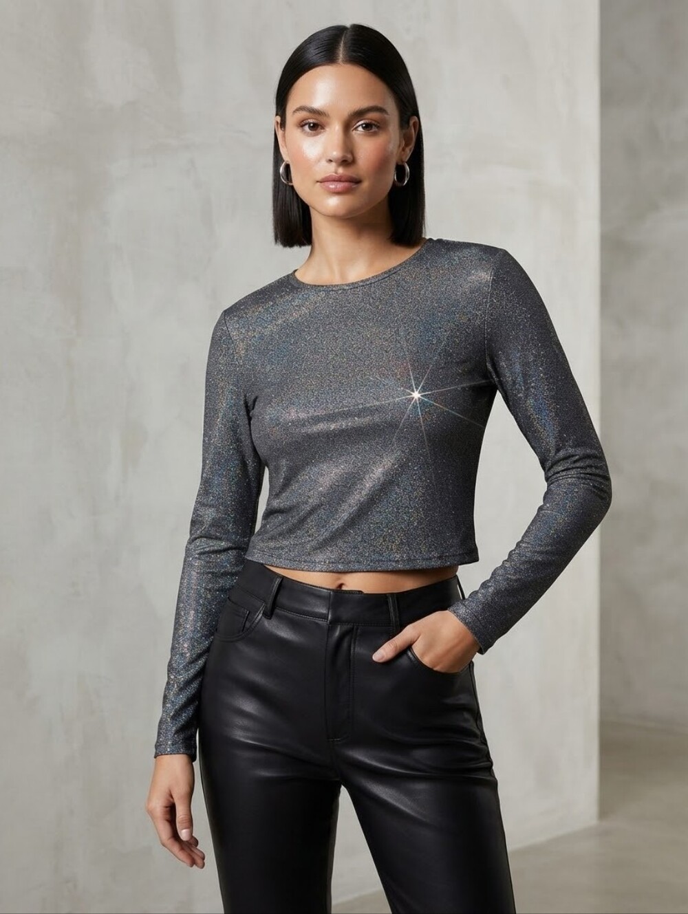 Noisy May Metallic Holographic Long Sleeve Cropped Top - Size L